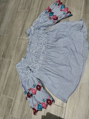 LOFT Blue and White Striped Peasant Blouse with Multicolor Embroidered Sleeves